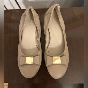 Cole Haan Grand Tali Bow Nude Light Tan Leather Slip-On Micro Wedge Ballet Flats